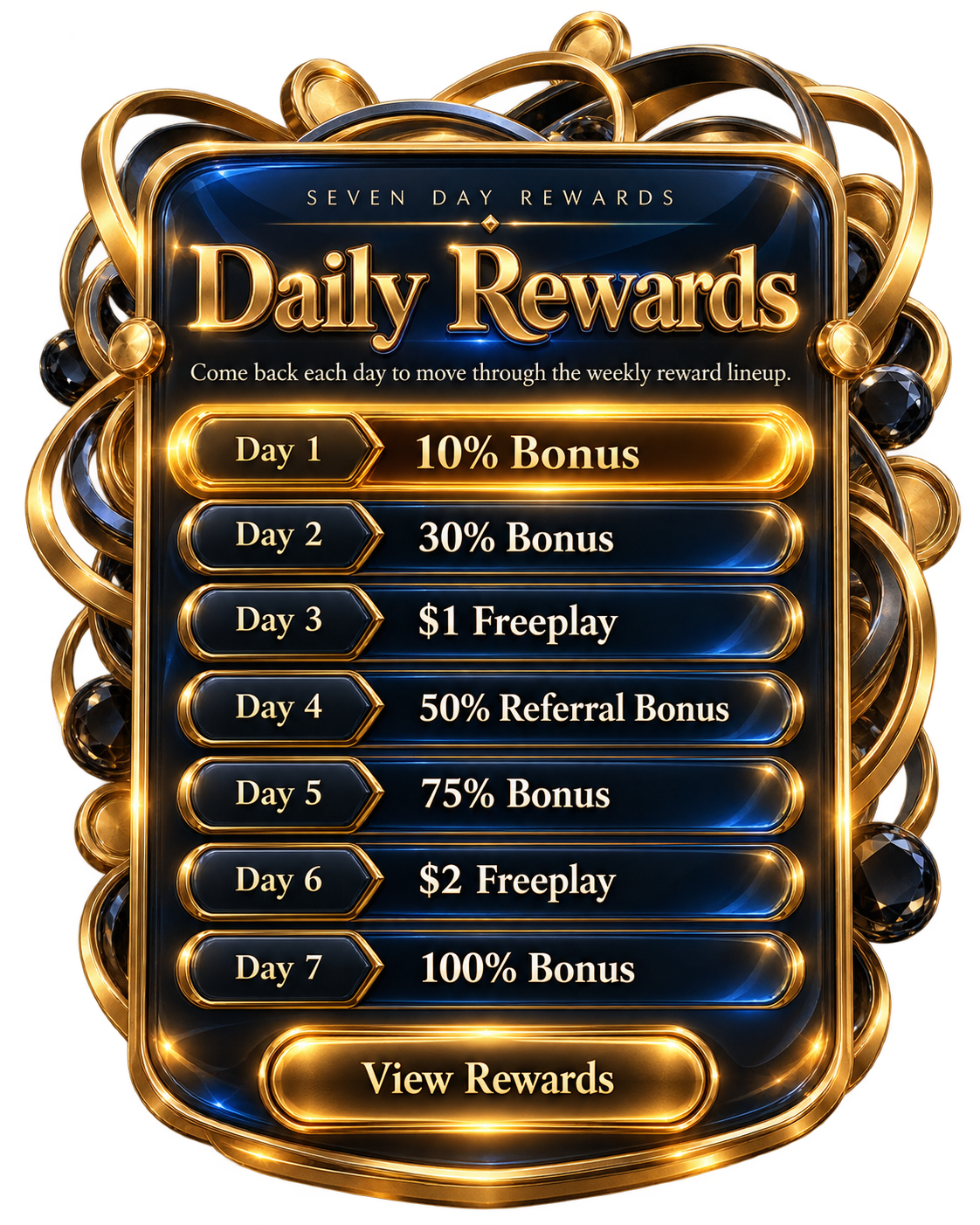 Shark Reels Daily Rewards preview showing the seven day reward lineup